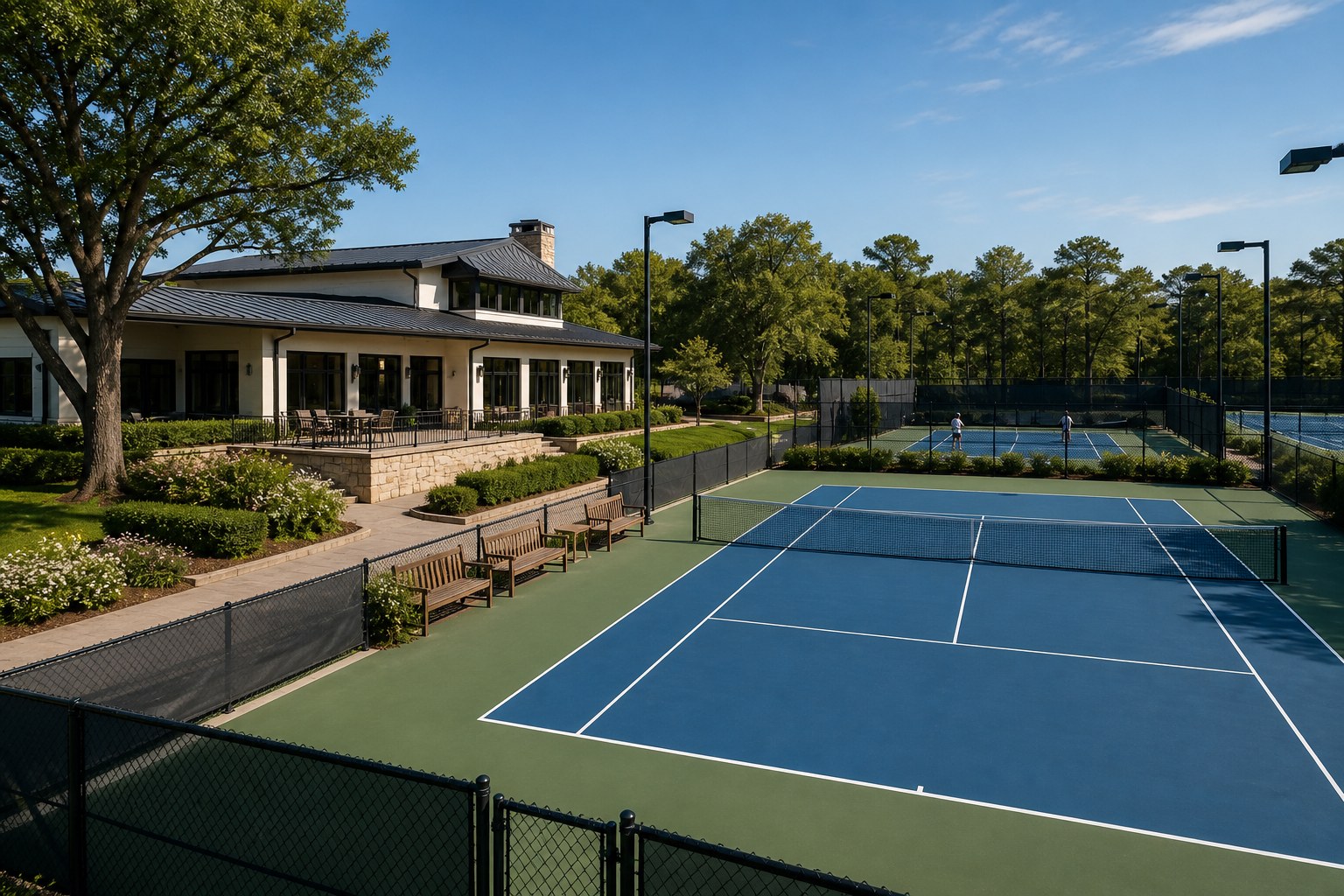 American-style outdoor tennis club with blue hard courts and a modern clubhouse