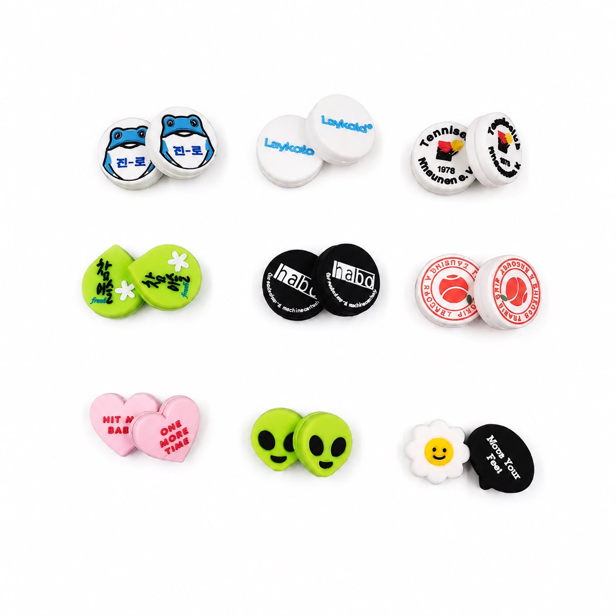 Assortment of custom-logo tennis dampeners in paired shapes