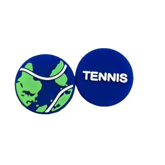 Round blue tennis dampeners with green and white racquet artwork