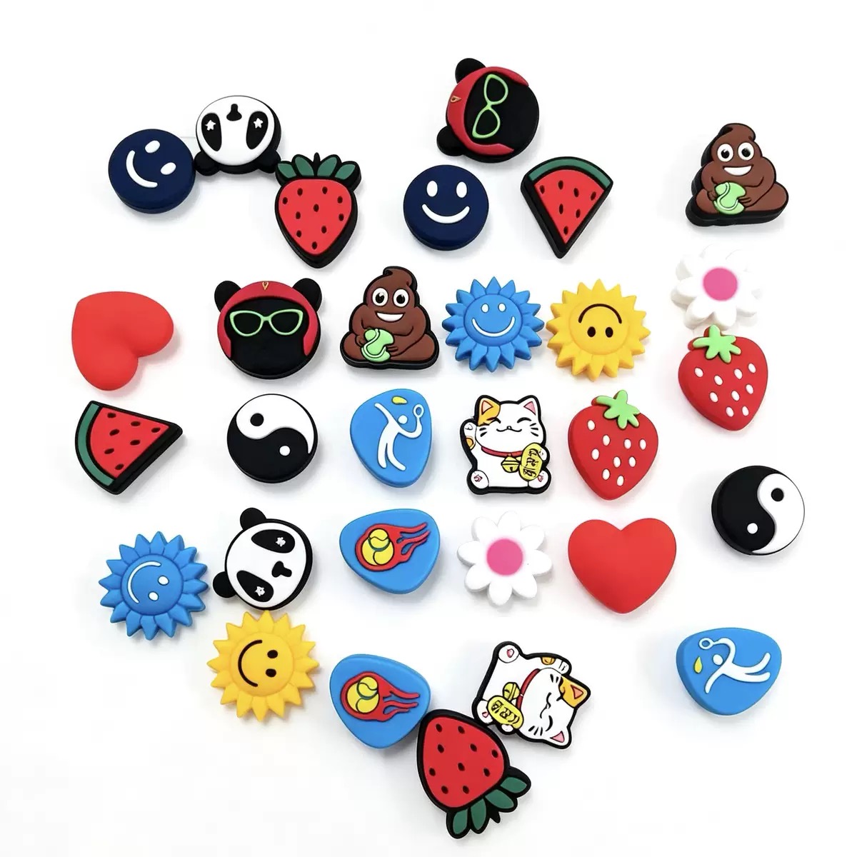 Colorful assortment of graphic and character-shaped dampeners
