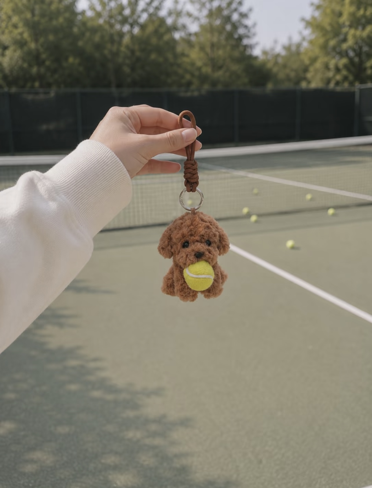 Tennis-themed plush dog bag charm held above a tennis court