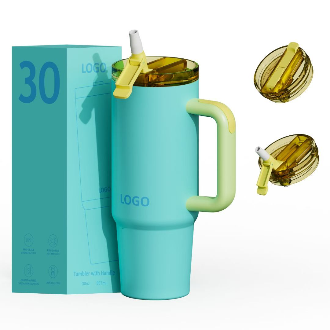 Aqua handled tumbler shown with coordinated retail packaging