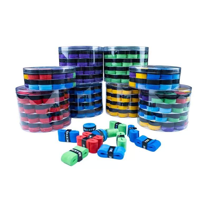 Multiple overgrip color assortments arranged in clear tubs