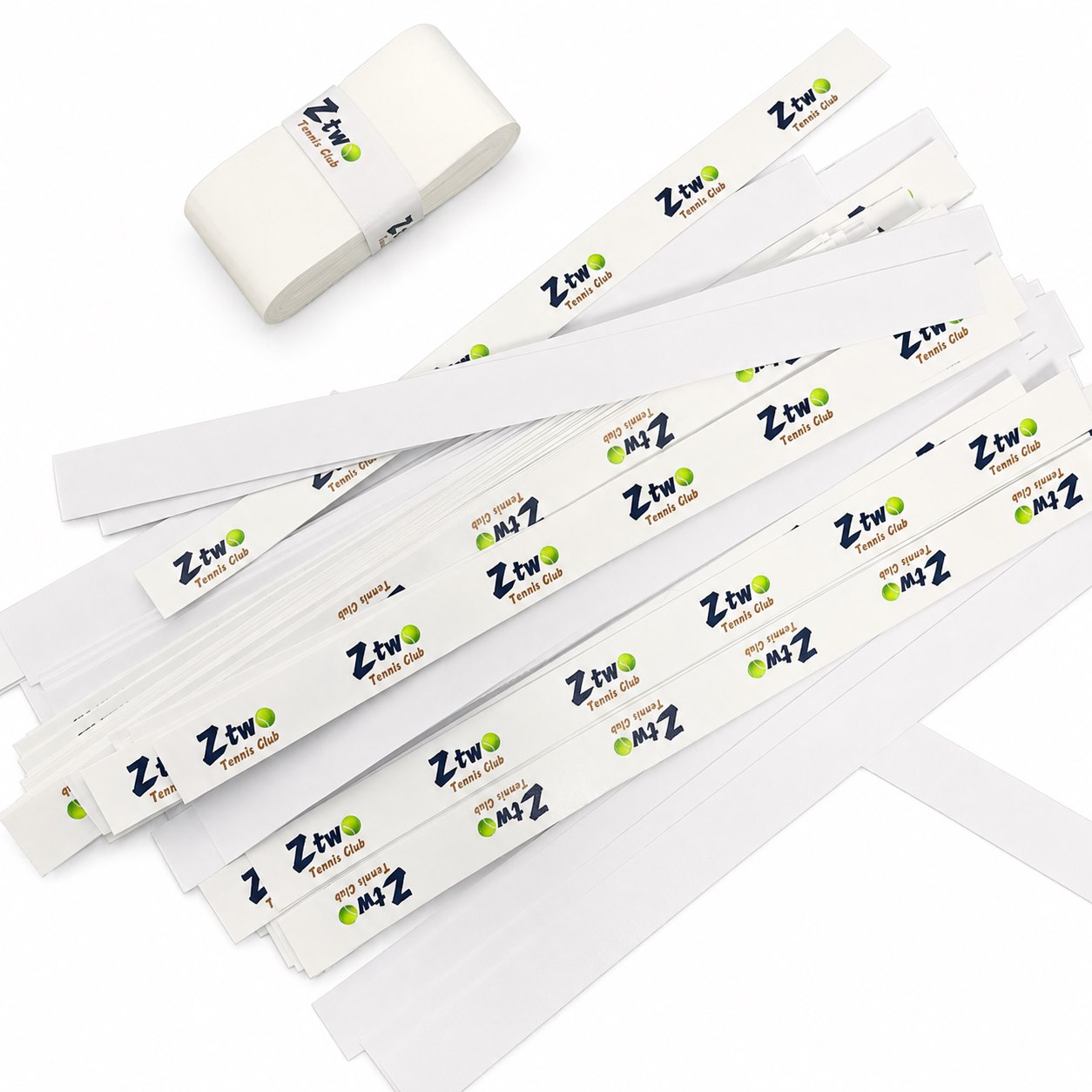 Sheets of custom-printed logo finishing tape for overgrips