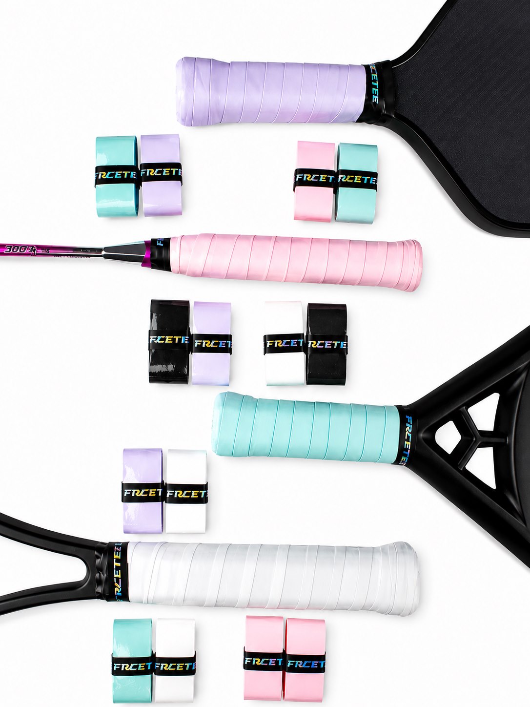 Pastel overgrips installed on multiple tennis and pickleball racquets