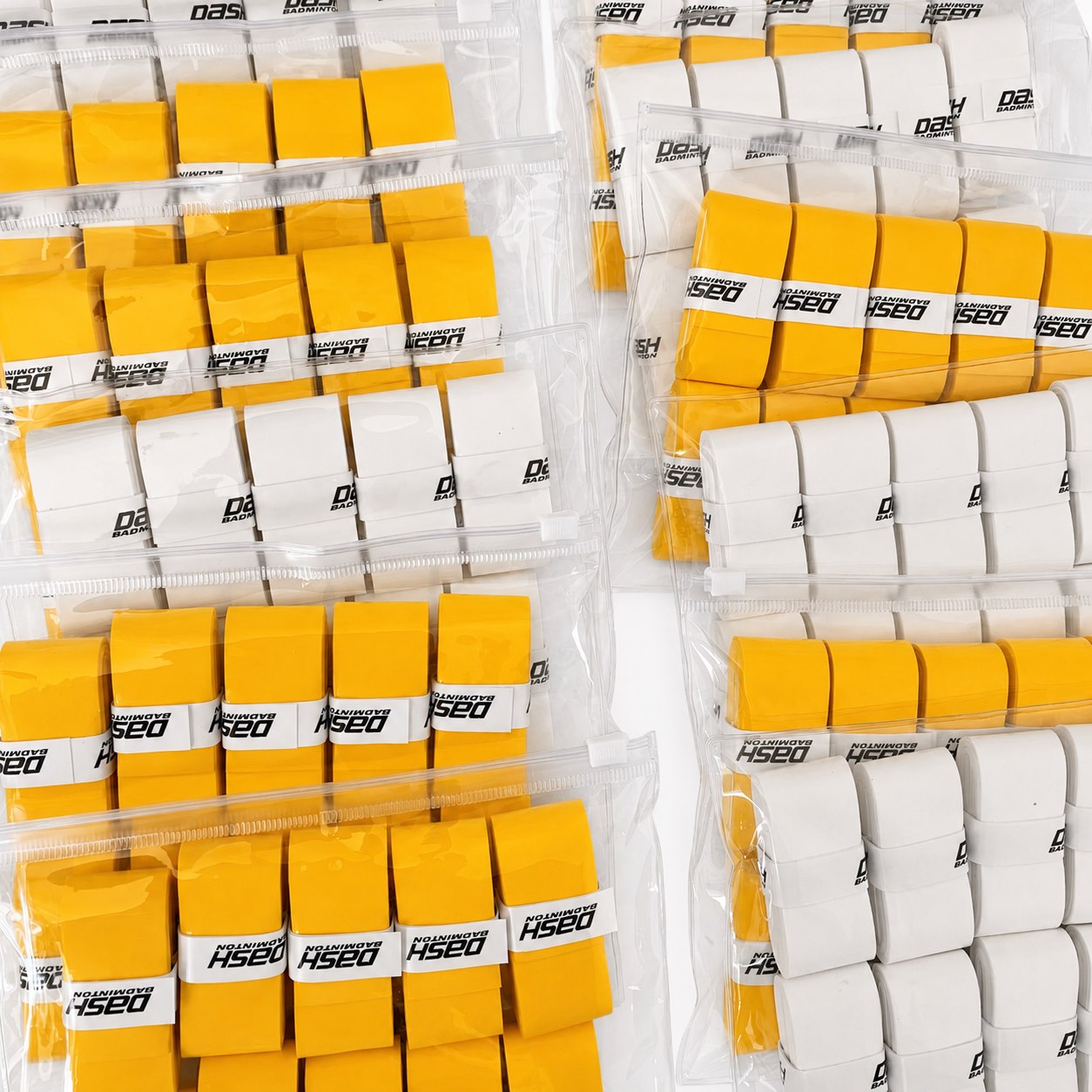 Bulk rows of custom overgrips prepared for production
