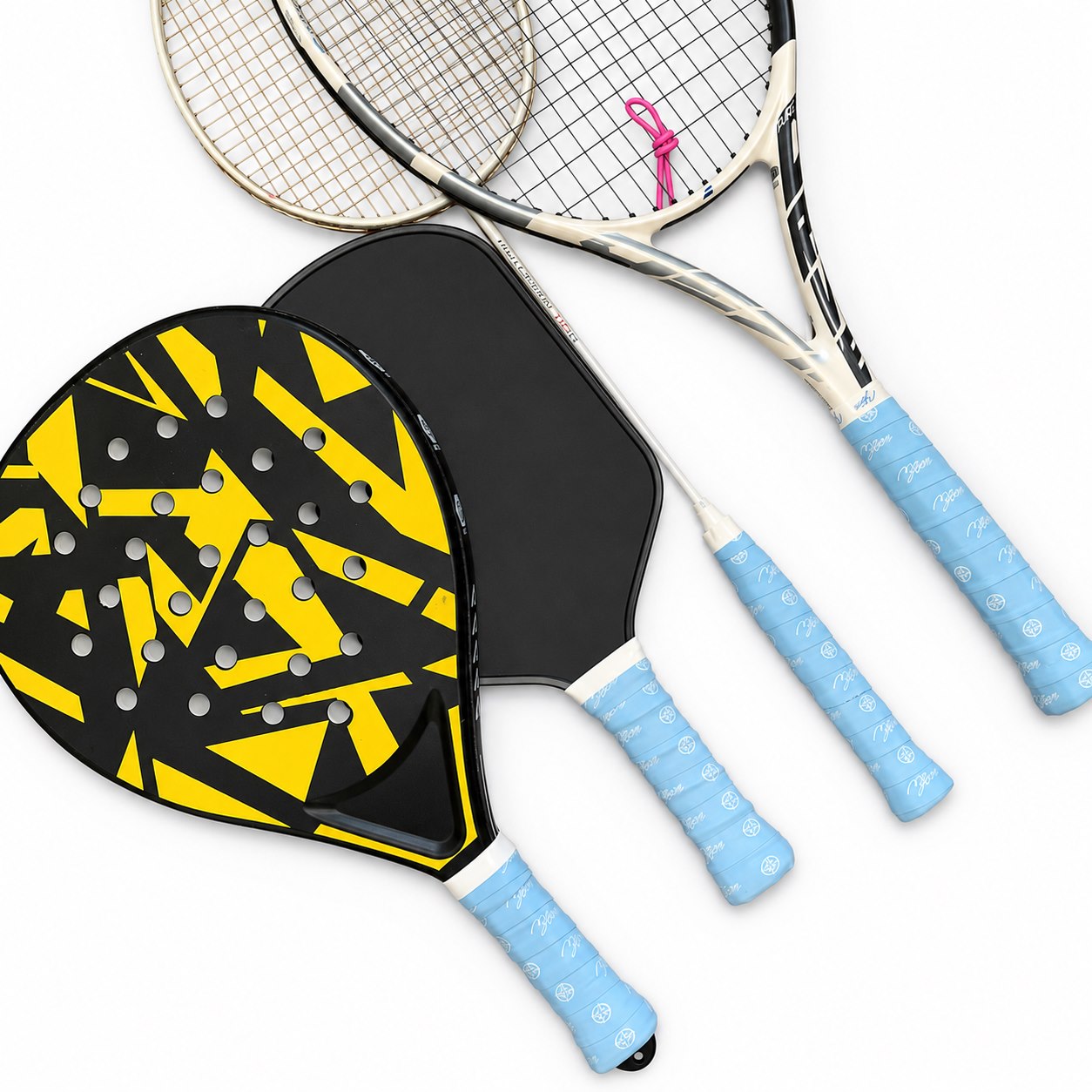 Tennis and pickleball racquets displayed with coordinated custom-color overgrips