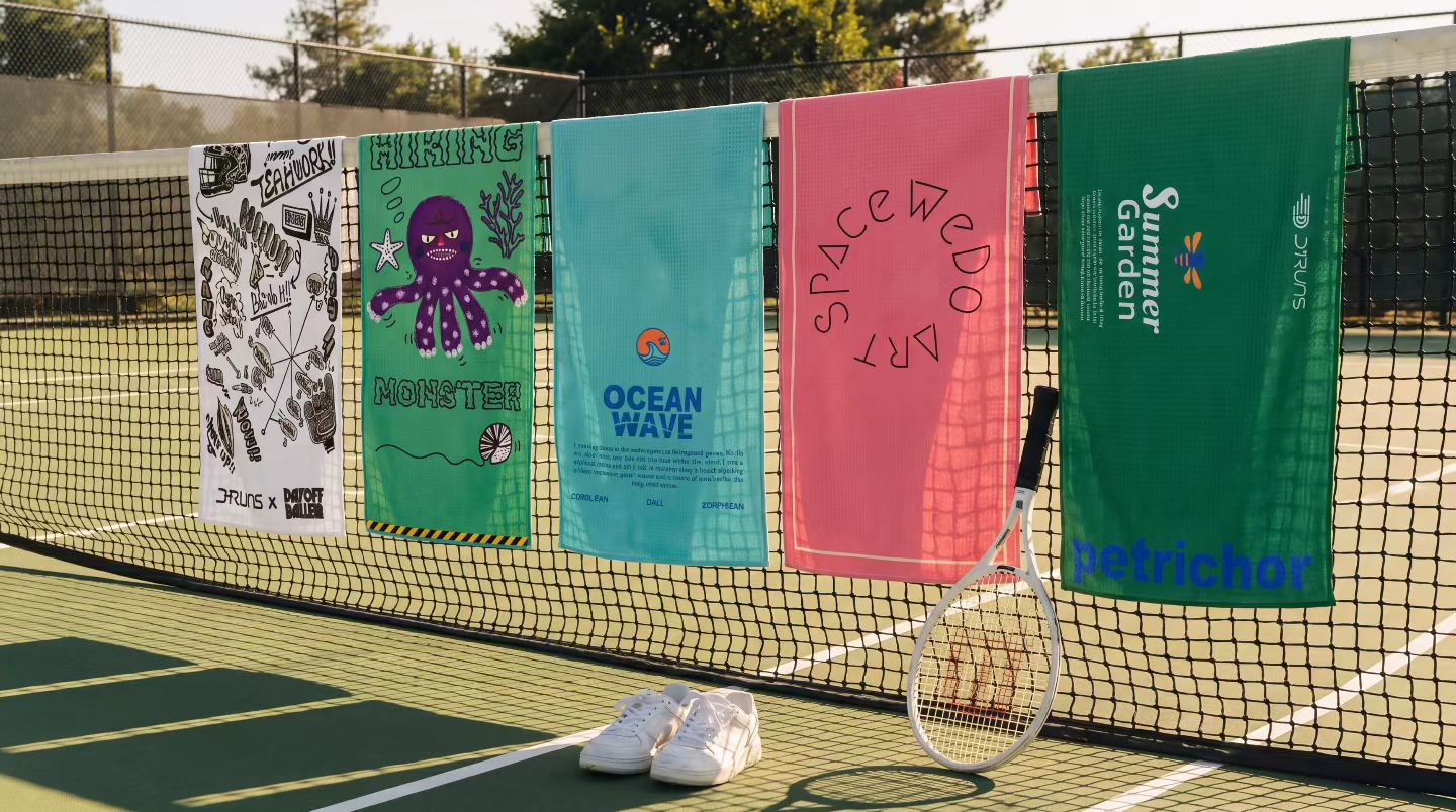 Custom tennis towels in different designs displayed across a court net