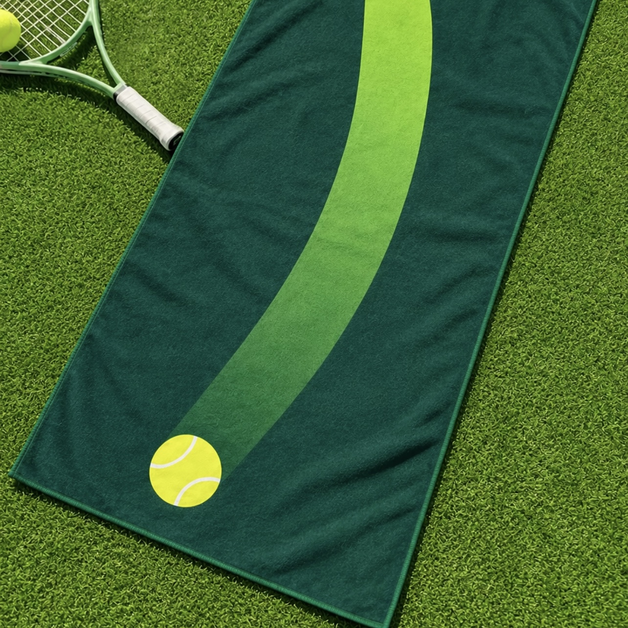 Green custom towel with curved club-color stripes and a tennis ball