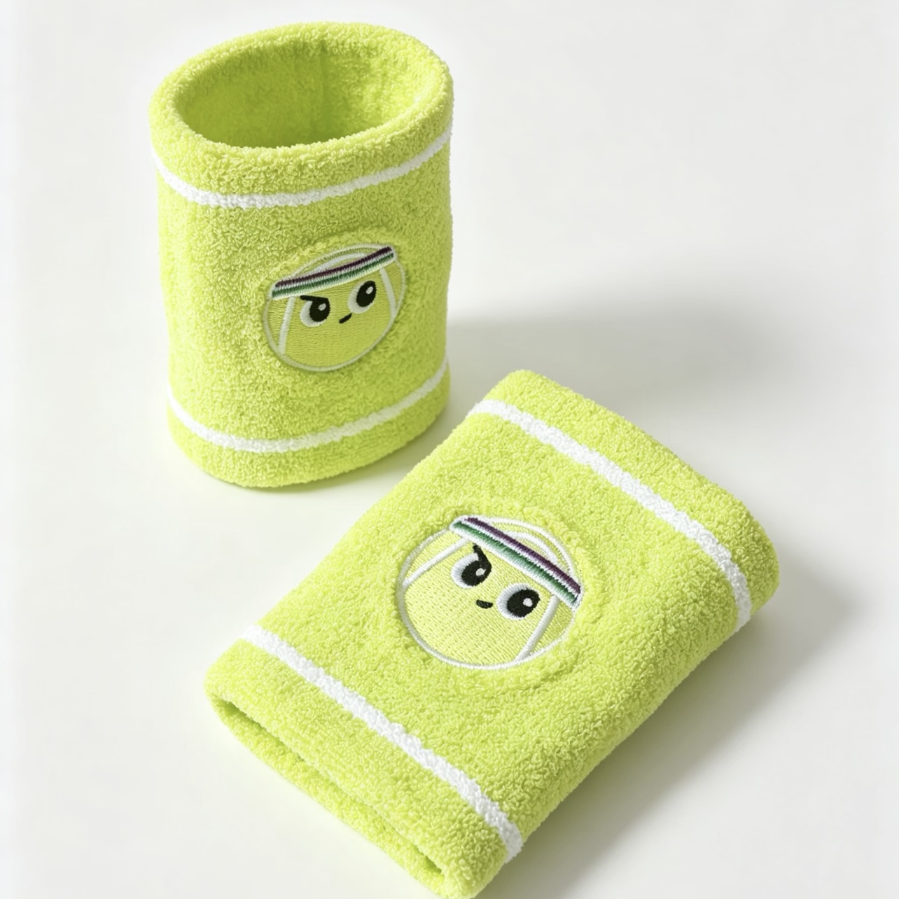 Bright tennis-yellow wristbands with embroidered graphic