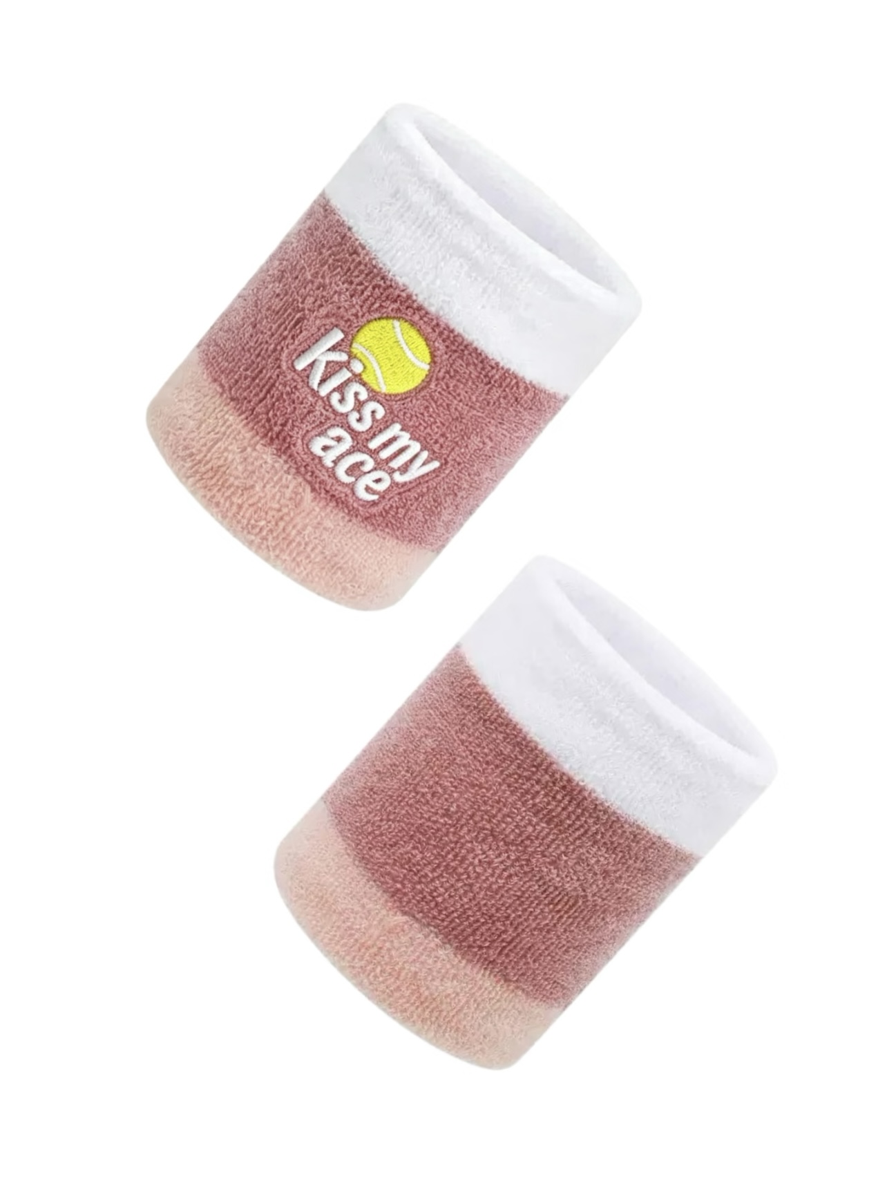 Pink and white custom embroidered wristbands on a clean background