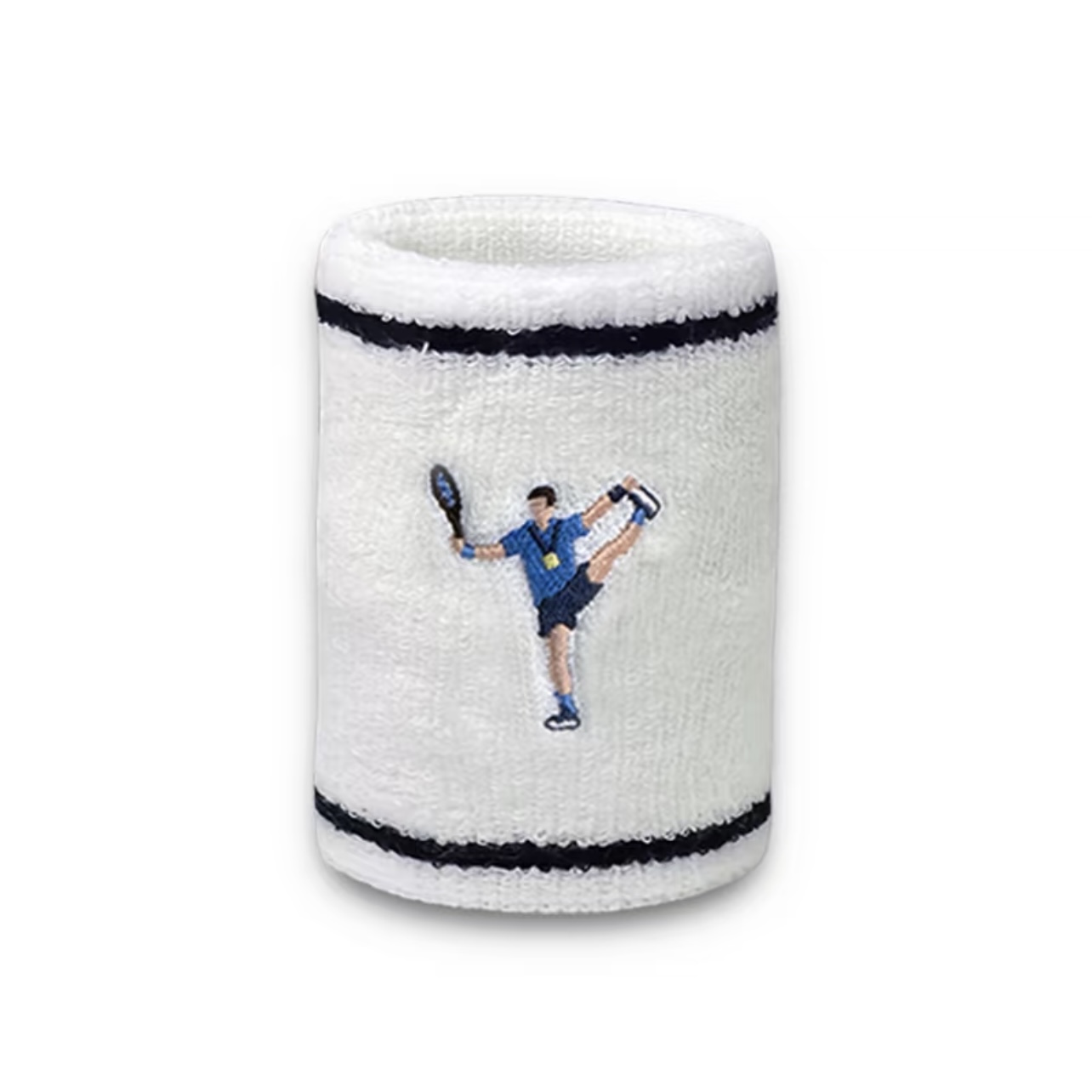White wristband with embroidered tennis player artwork