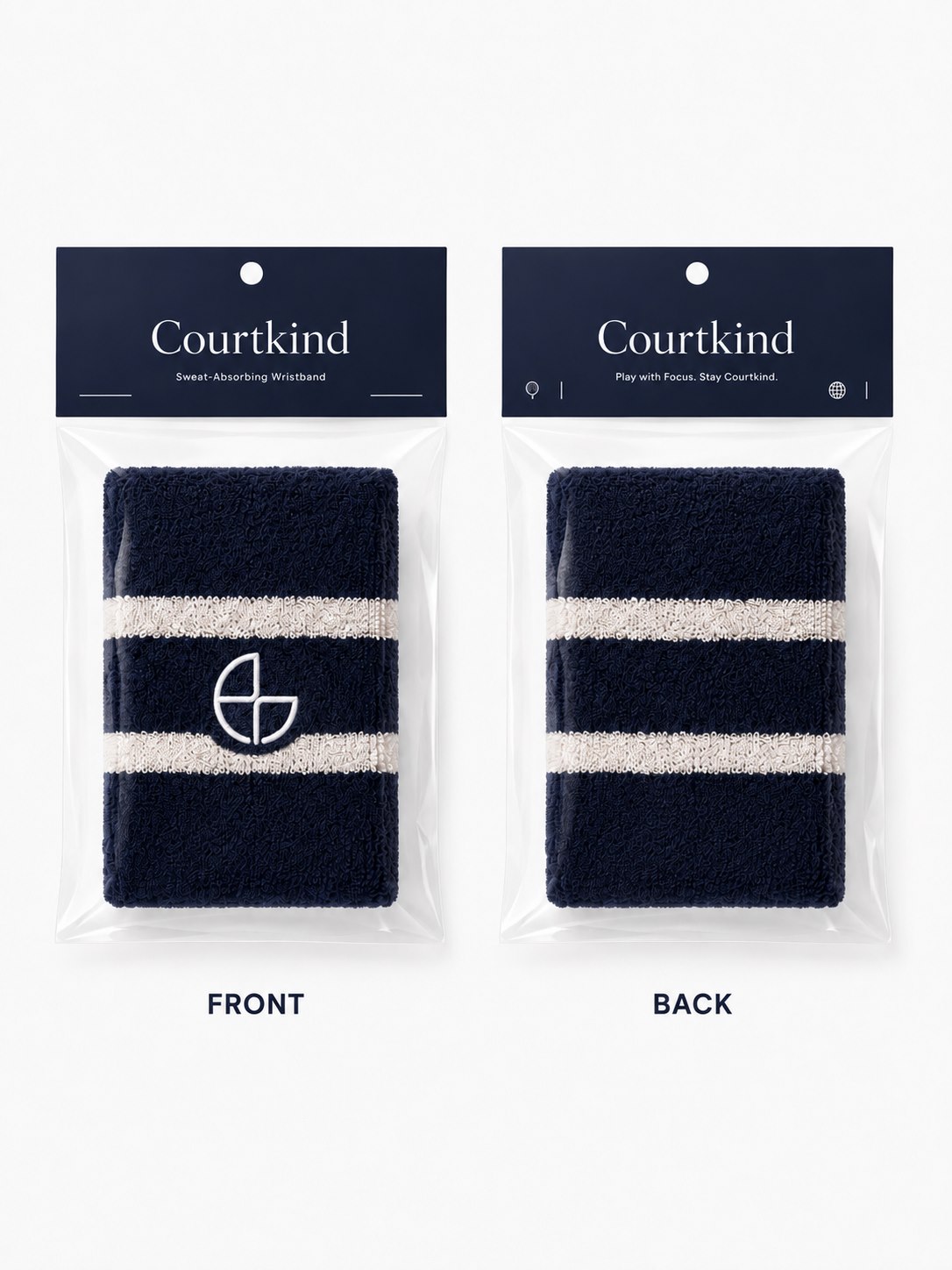 Front and back views of Courtkind wristband retail packaging
